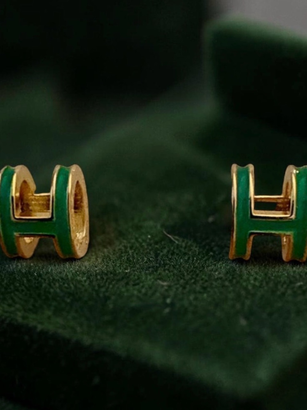 Green Enamel Earrings - Gold Tone